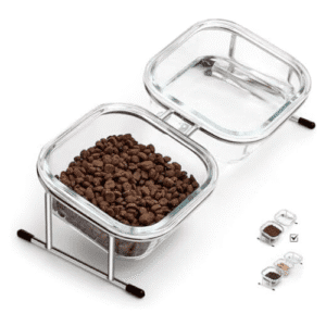 Hannadepot Elevated Cat Bowls – 15° Tilted Glass Raised Food Bowl with Stainless Steel Stand, 2 Large Capacity Bowls, Anti-Slip Feet for Cats and Small Dogs