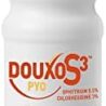 A bottle of Douxo S3 PYO antiseptic mousse for pets, featuring an orange and white design, a pump dispenser, and illustrations indicating its use for cleansing and hydrating.