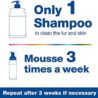 Infographic showing a bottle labeled Only 1 Shampoo to clean the fur and skin and a mousse can labeled Mousse 3 times a week. Text below says, Repeat after 3 weeks if necessary.