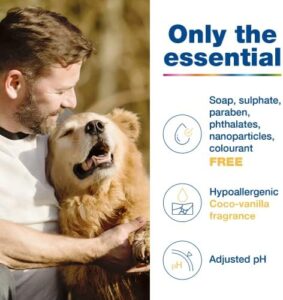 A man lovingly hugs a happy golden dog outdoors. Text beside them highlights a product’s benefits: free from harsh chemicals, hypoallergenic coco-vanilla fragrance, and adjusted pH levels.