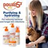 A smiling woman sits on the floor with a small brown dog. On the left, DOUXO S3 PYO pet skincare products are displayed with text: Purifying & hydrating. For reducing bacterial and fungal skin infections.
