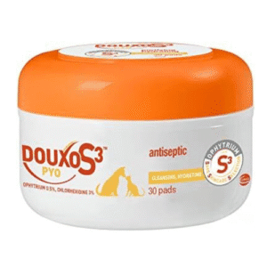 A white and orange container of Douxo S3 Pyo Pads – Antiseptic & Hydrating Wipes for Dogs & Cats (30 Count), featuring cat and dog silhouettes, holds 30 cleansing pads.