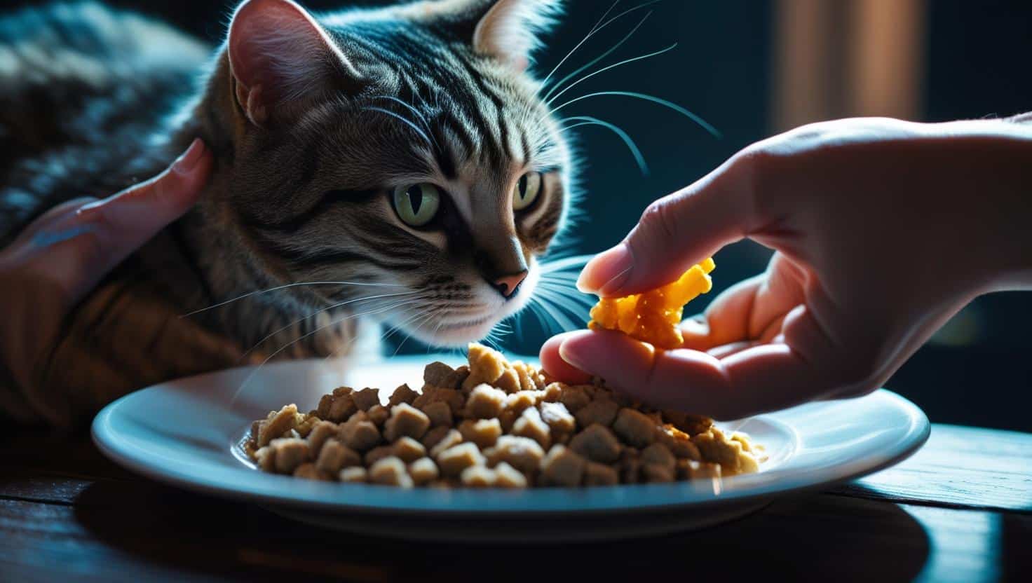 A tabby cat sits at a kitchen table, staring at a plate and the owner's handing some food.