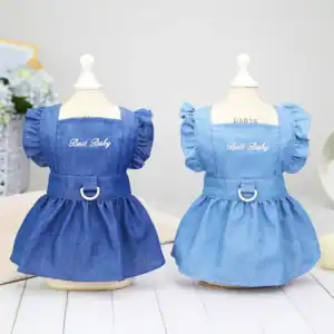 Denim Strap Dog Dress – Embroidered Spring & Summer Outfit for Small Pets