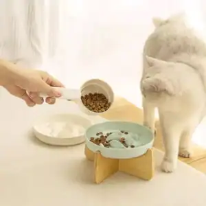 Wood Stand Raised Cat Bowl – Ergonomic Anti-Choking Ceramic Feeding Bowl, Slow Feeder for Cats
