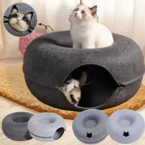 Felt Donut Cat Bed – 2-in-1 Tunnel Hideaway with Breather Hole & Interactive Play Features